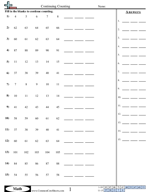 Counting Worksheets - Continuing Counting  worksheet